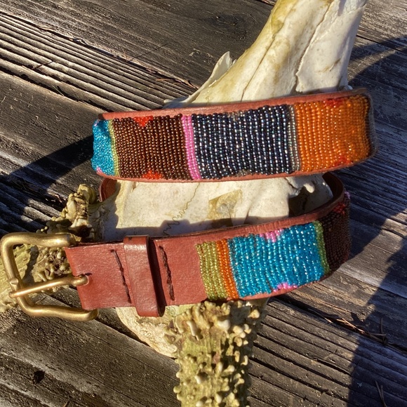 Vintage Genuine Leather & Colorful Beaded Boho Belt main image 4